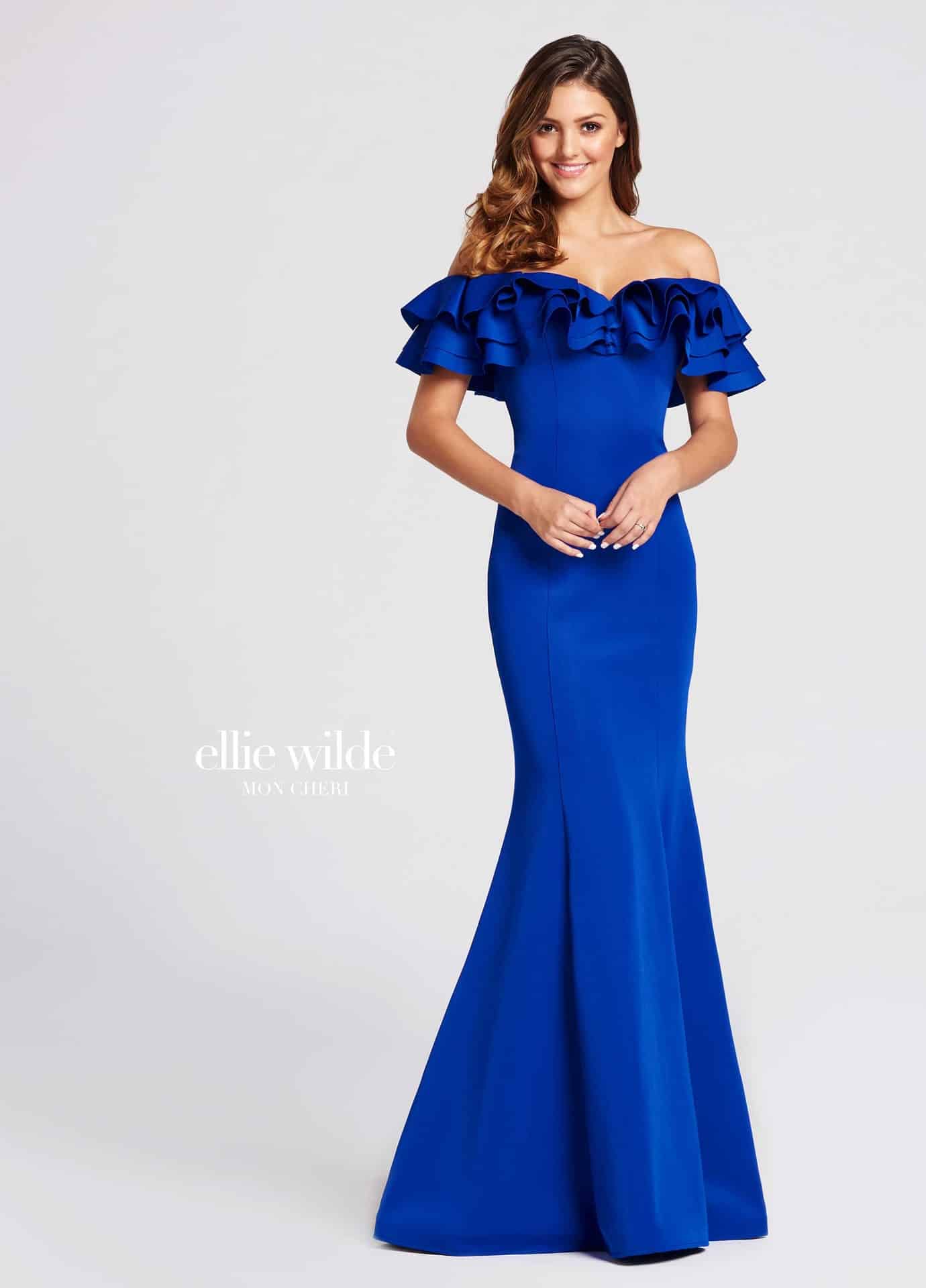 Off the shoulder full length dress with ruffle detail.