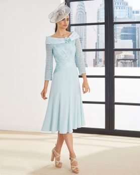 Off-the-shoulder tea length A-line dress with eye catching pleated satin neckline which sweep of the shoulders and sensual skirt. Available in aqua, silver and gold - 004012 (3G1840)