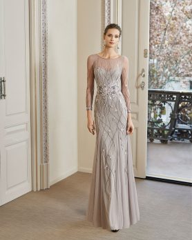 Eye catching floor length beaded tulle cocktail dress with Illusion neckline and long sleeves. Available in humo and navy - 004559 (4G125)