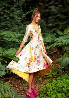 STUNNING FLORAL FIT AND FLAIR, DIPPED HEM V-NECK DRESS - 004915 (22016)